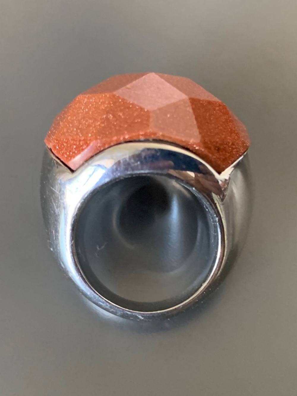 Faceted Goldstone Statement Ring Silver Tone Wide Band Chunky Modern Size 6
